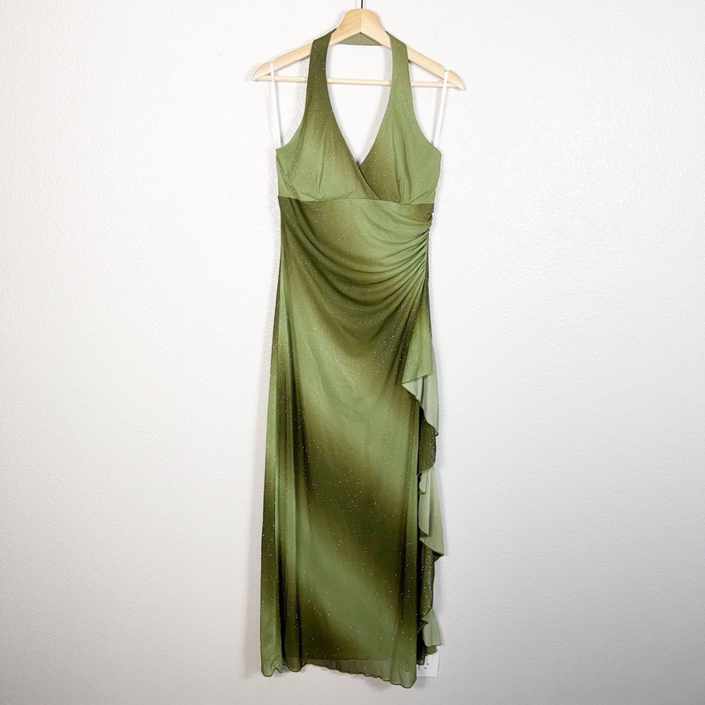 Y2K Vintage Taboo Halter Maxi Dress Whimsigoth Green Glitter HOCO Formal